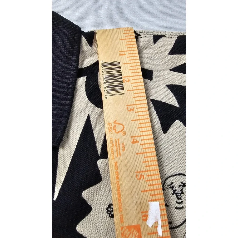 True Religion All Over Print Buddha Polo Shirt Distressed Black Beige Mens SZ Lg